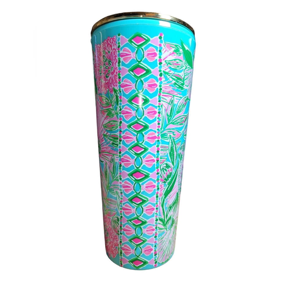 Lilly‎ Pulitzer Coming In Hot Blue & Pink Insulated Acrylic Tumbler & Lid 24oz. - Picture 2 of 9